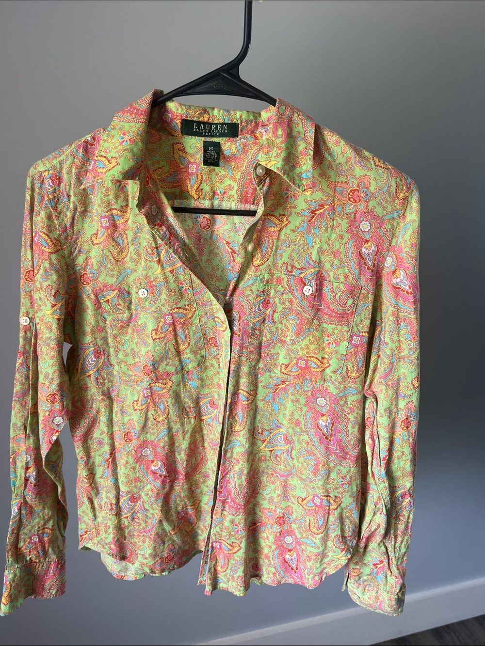 Lauren Ralph Lauren Green and Pink Paisley Button-Up Blouse